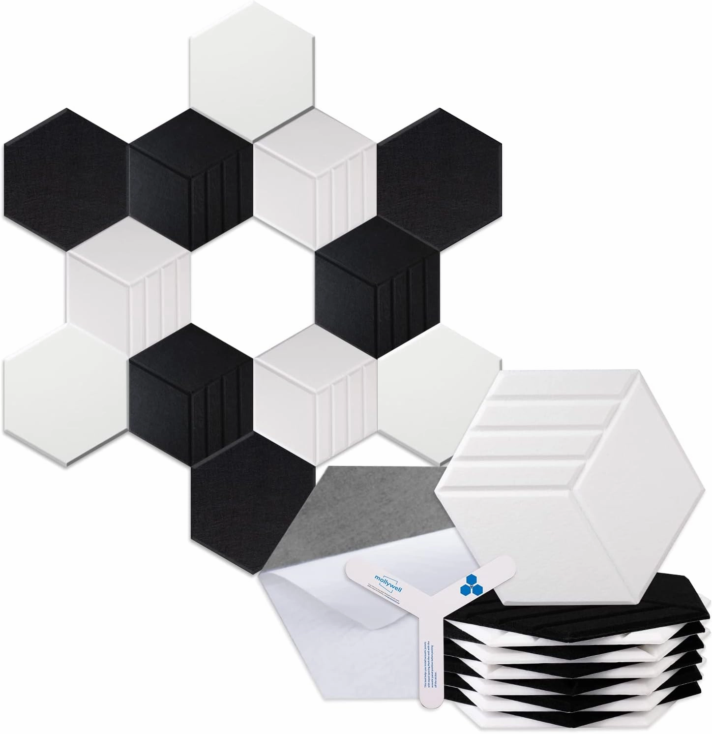 Hexagon Acoustic Panels, Carved Patterns, Soundproofing, Decorative Noise Reduction Felt Wall Tiles for Ceilings, Home Office & Gaming Room (Black and White), 14x12x0.4 Inch