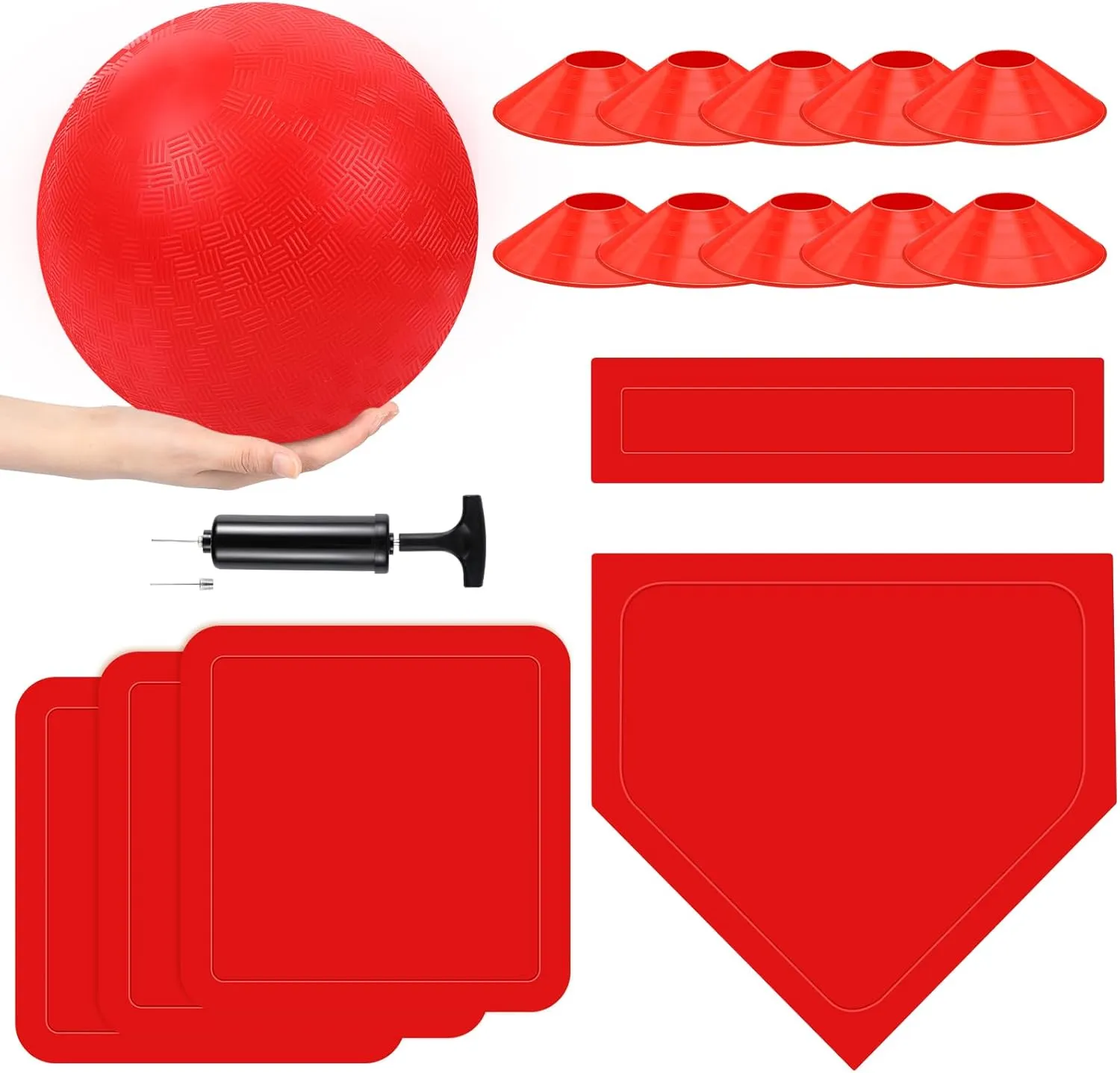 Hiboom 16 Pcs Sports Kickball Set Includes 10 Inches Playground Ball 5 Rubber Throw Down Bases Ball Pump 10 Foul Line Cones for Kids Adults Playground School Backyard Game Camps Picnic