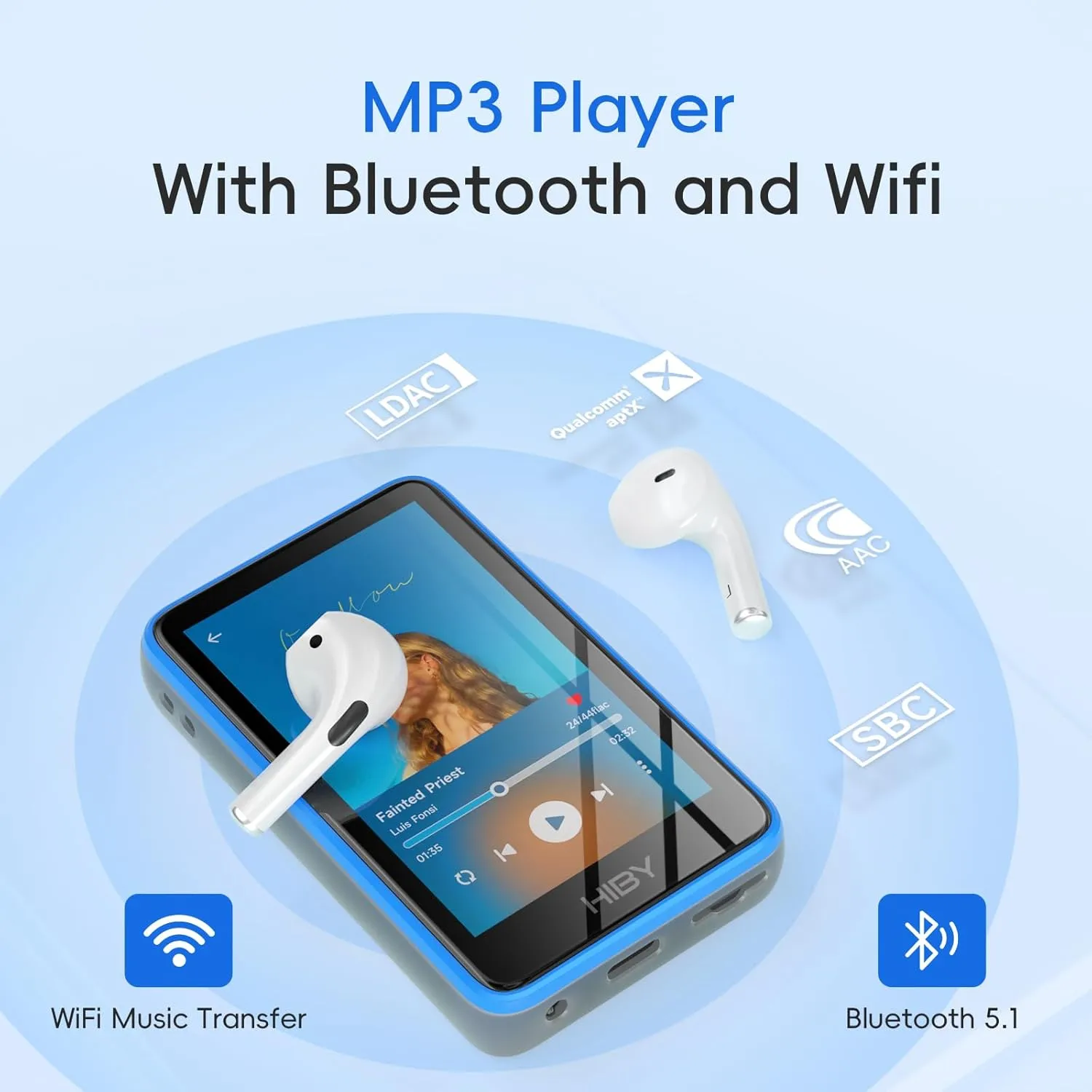 HiBy R1 HiFi MP3 Player with Bluetooth 5.1 Hi-Res Audio Certified DSD 256 Native Tidal Qobuz Player MSEB Tuning 3”Touchscreen 32GB 2TB Expanded Memory（Value Set）