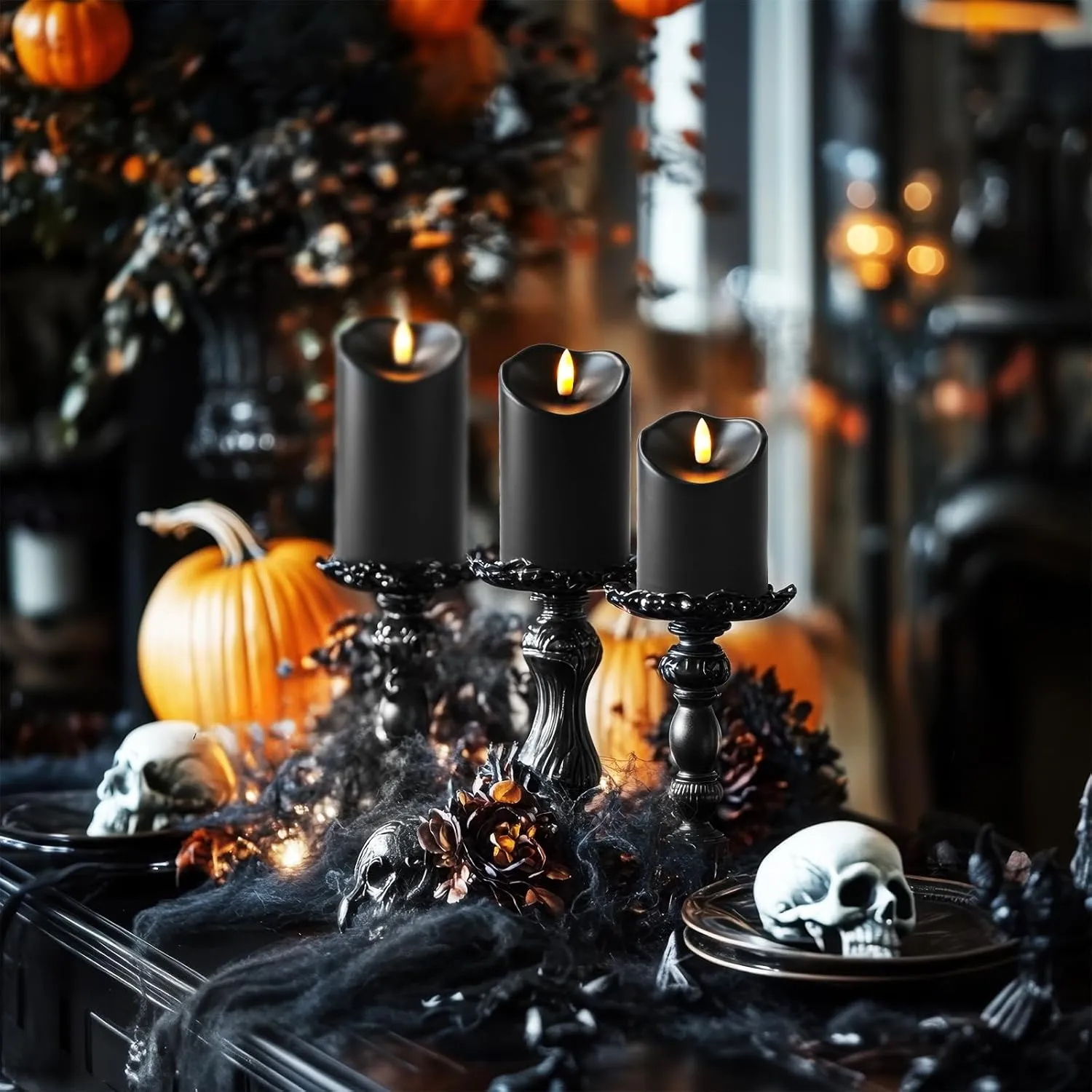 Homemory Black Flameless Candles, Halloween Candles Battery Operated with Remote and Timer, Flickering LED Pillar Candle for Theme Party, Holiday Decor, Set of 3