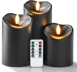 Homemory Black Flameless Candles, Halloween Candles Battery Operated with Remote and Timer, Flickering LED Pillar Candle for Theme Party, Holiday Decor, Set of 3