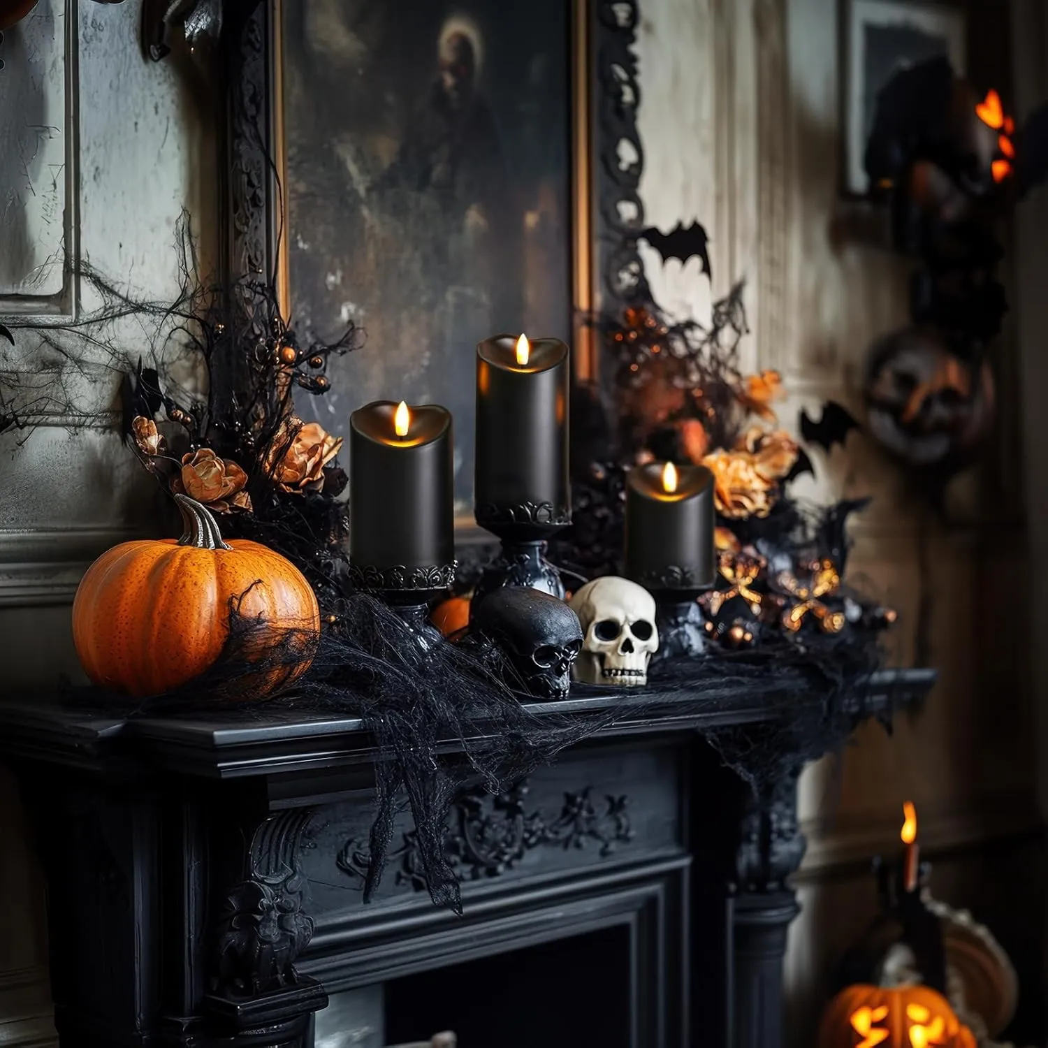 Homemory Black Flameless Candles, Halloween Candles Battery Operated with Remote and Timer, Flickering LED Pillar Candle for Theme Party, Holiday Decor, Set of 3