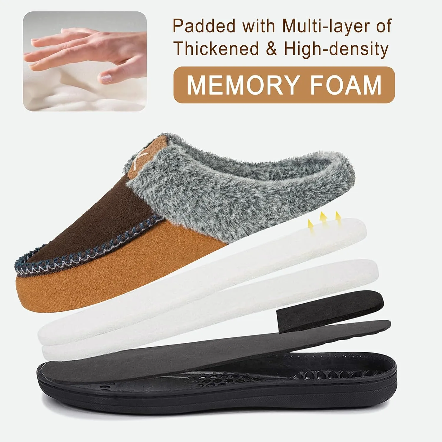 Homitem Men's Memory Foam Slippers,Fuzzy Wool-Like Plush Fleece Lined House Shoes Indoor Outdoor Slippers for men, Anti-Skid Rubber Sole Home Bedroom Slippers