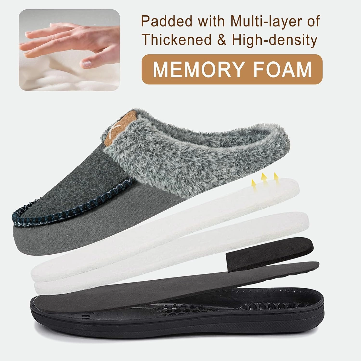 Homitem Men's Memory Foam Slippers,Fuzzy Wool-Like Plush Fleece Lined House Shoes Indoor Outdoor Slippers for men, Anti-Skid Rubber Sole Home Bedroom Slippers