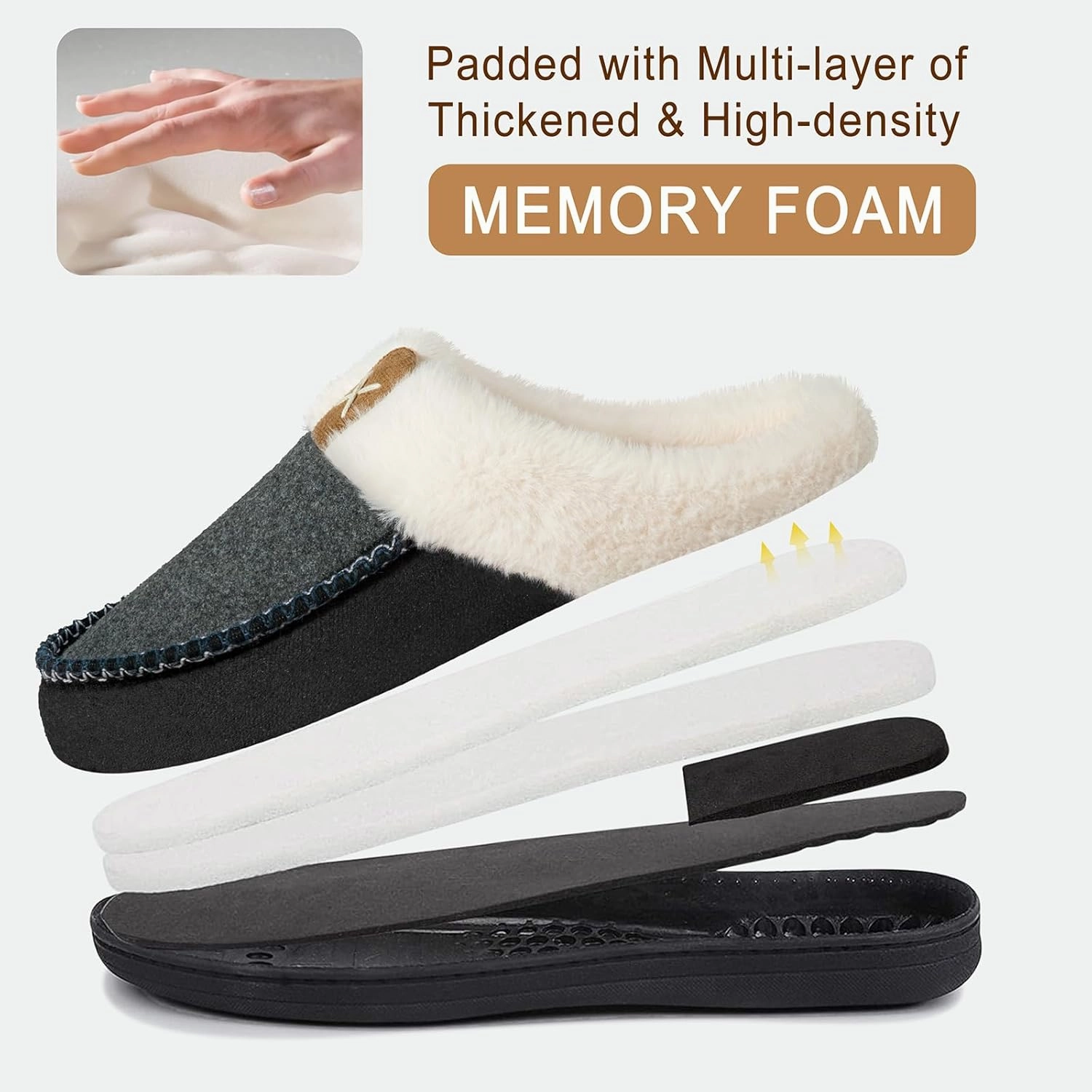 Homitem Men's Memory Foam Slippers,Fuzzy Wool-Like Plush Fleece Lined House Shoes Indoor Outdoor Slippers for men, Anti-Skid Rubber Sole Home Bedroom Slippers