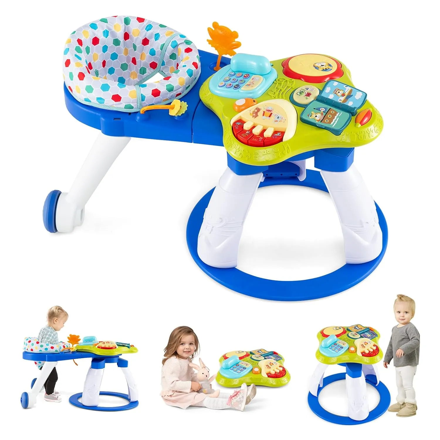 HONEY JOY Baby Activity Center, Discovery Activity Center and Table w/ 360° Walk-Around Seat, 3 Adjustable Heights, Music, Sounds & Developmental Toys, Activity Center for Babies 6-36 Months (Blue)