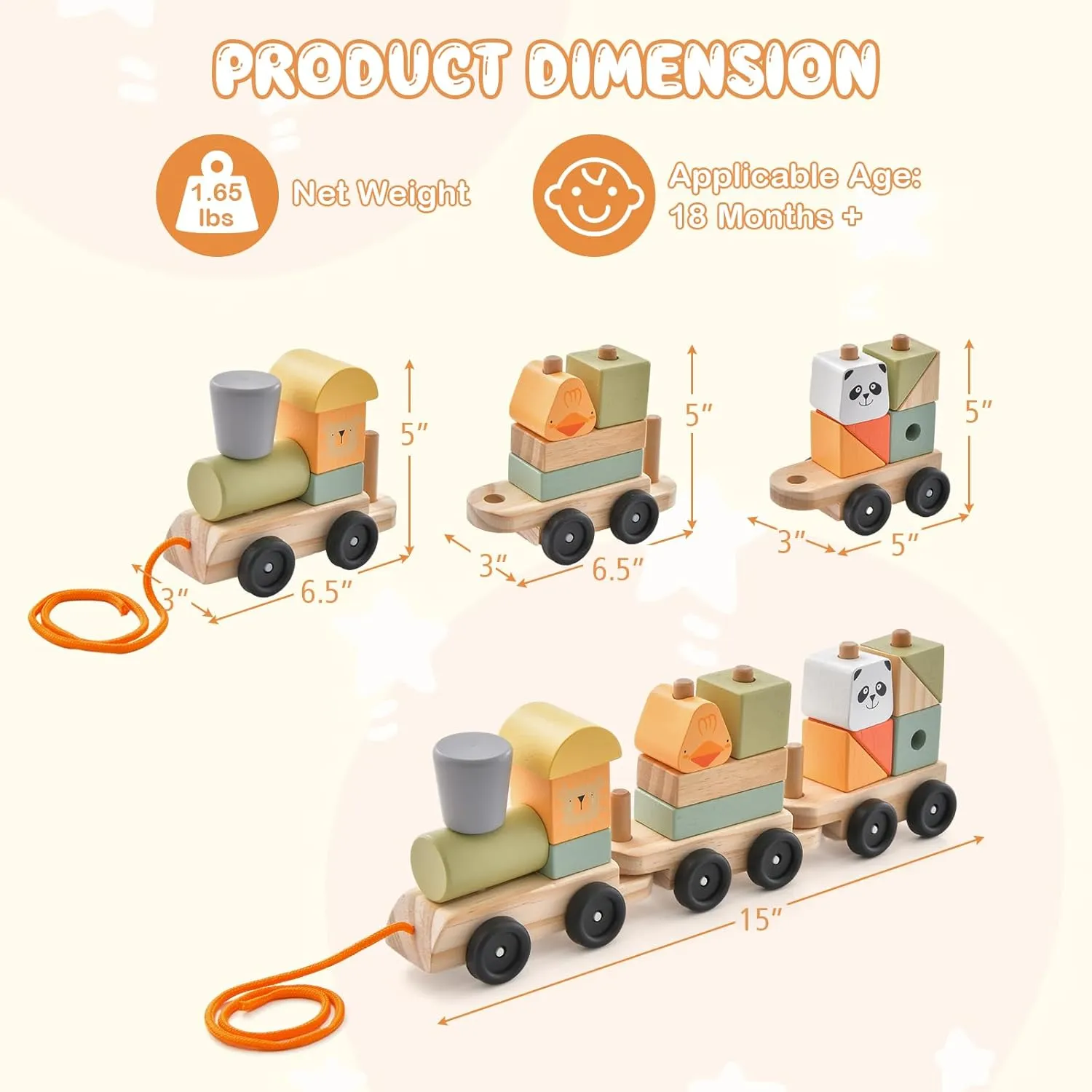 HONEY JOY Wooden Train Set, 3 Pcs Stacking Train Cars with Cute Blocks, Classic Montessori Educational Toy for Toddlers, Train Toys for Boys Girls