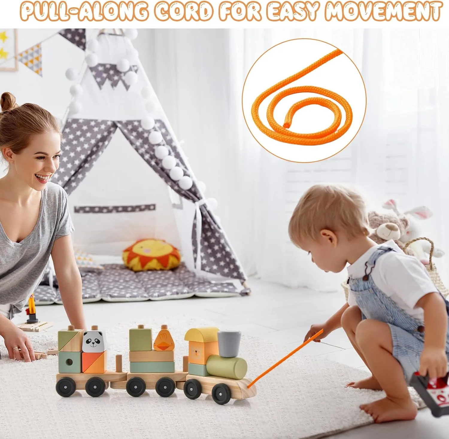 HONEY JOY Wooden Train Set, 3 Pcs Stacking Train Cars with Cute Blocks, Classic Montessori Educational Toy for Toddlers, Train Toys for Boys Girls