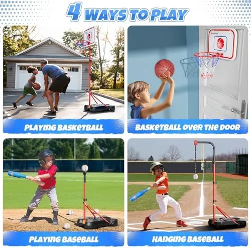 HopeRock 2 in 1 Kids Basketball Hoop and T Ball Set, Adjustable Basket Ball Stand,Hanging Tee Baseball for Toddlers Boys Girls Ages 2 3 4 5 6 7 8 Years Old, Outdoor Toys Gifts