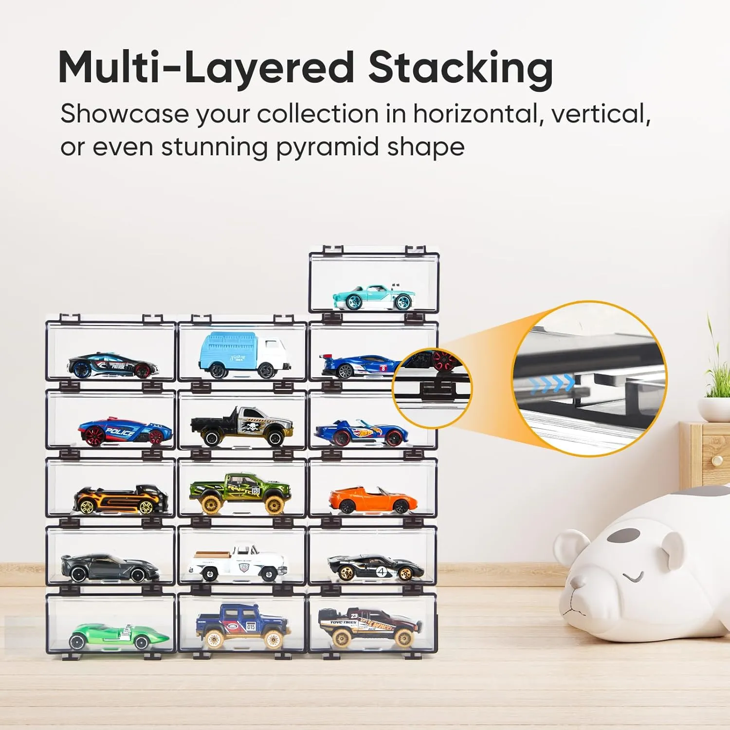 Hot Wheels Display Case: Stackable Toy Car Storage, Transparent Organizer for Matchbox & Hot Wheels 1/64 Scale Diecast Cars (32 Packs, Dark Tint Case Only)