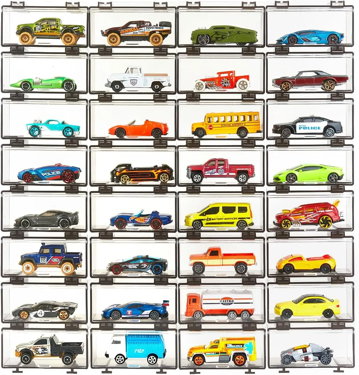 Hot Wheels Display Case: Stackable Toy Car Storage, Transparent Organizer for Matchbox & Hot Wheels 1/64 Scale Diecast Cars (32 Packs, Dark Tint Case Only)