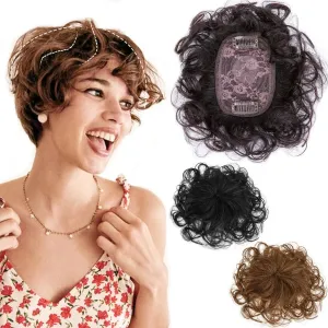 Human Hair Topper for Women with Thinning Hair, 7" Clip-In Fluffy Curly Topper, Grey to Dark Brown