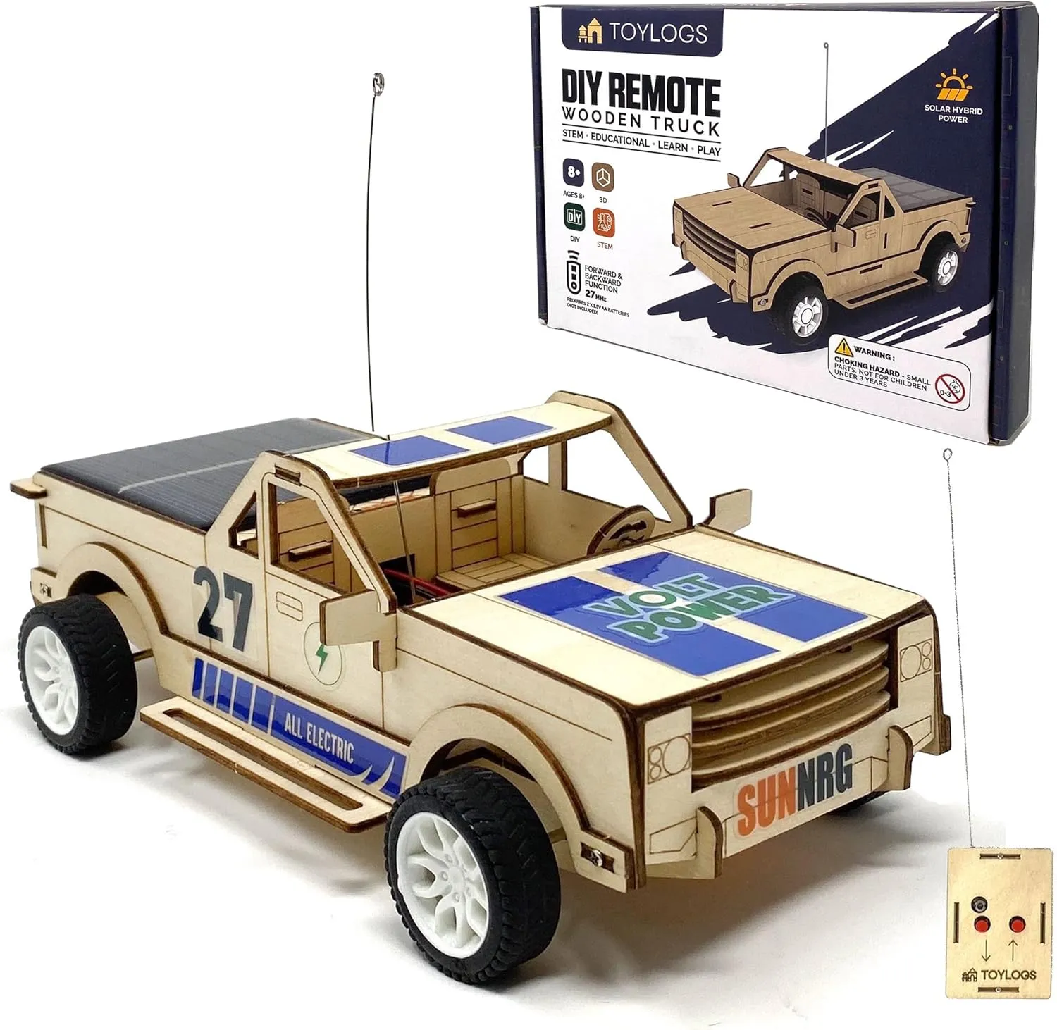 Hybrid RC Solar Car Kit - DIY 3D Puzzle Wooden Toy Truck with Remote Control, Solar & Battery Powered - STEM Projects for Kids and Adults