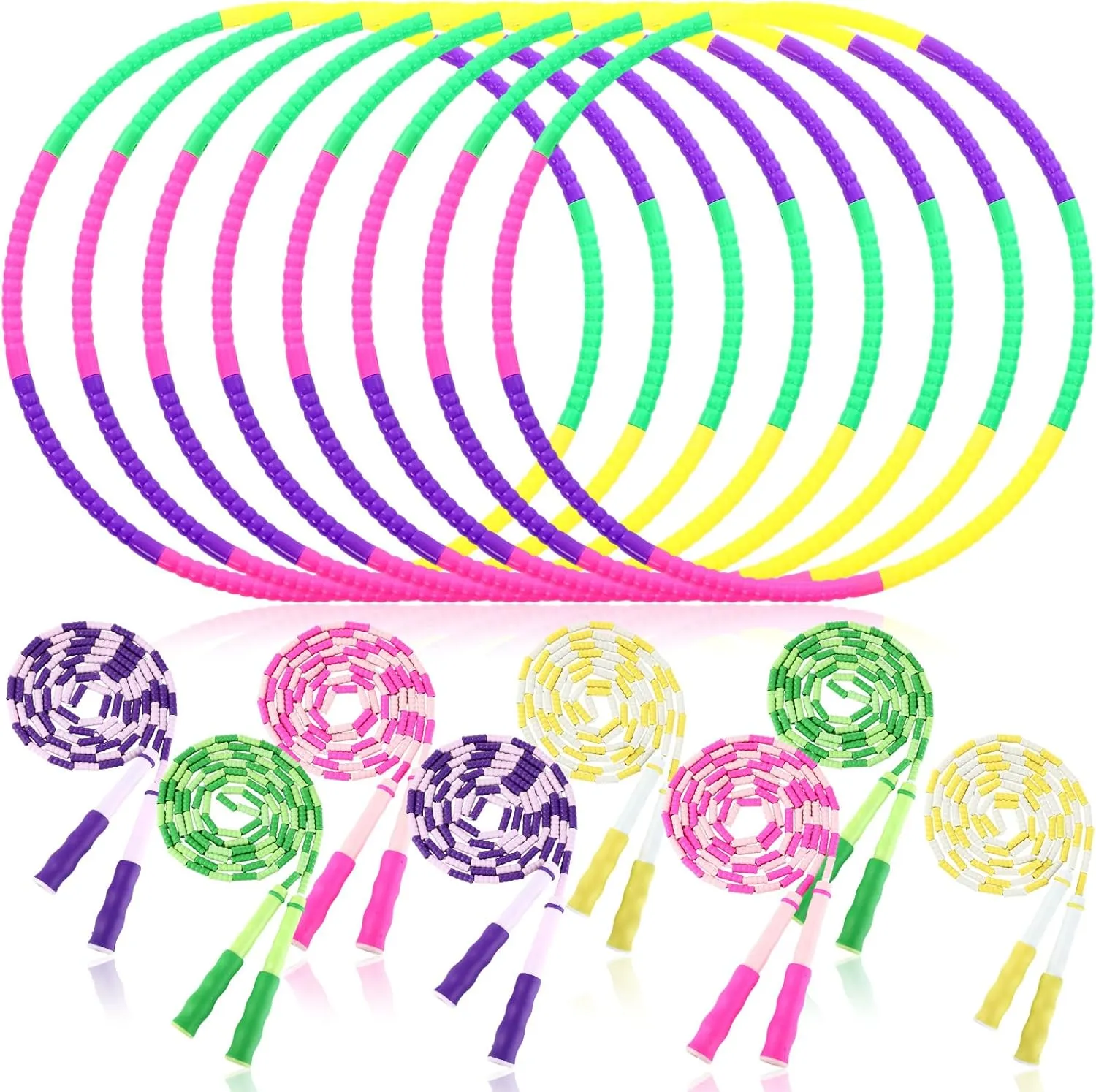 HyDren 16 PCS Detachable Hoop and Jump Rope Set Include 8 Soft Beaded Skipping Rope and 8 Adjustable Size Length Plastic Hoops for Party Game, Playing Exercise Fitness Equipment, Dog Agility Equipment