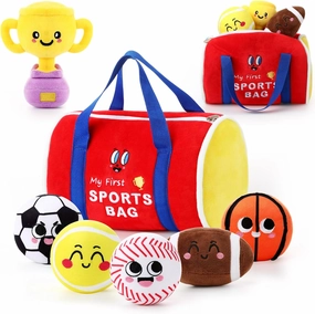 HyDren 7 Pcs My First Sports Bag Stuffed Plush Toys Playset, Bulit-in Bell Baby Sports Balls and Trophy for Toddler 1-3 and Up, Baby Gift Throwing Toys for Boys and Girls Early Education