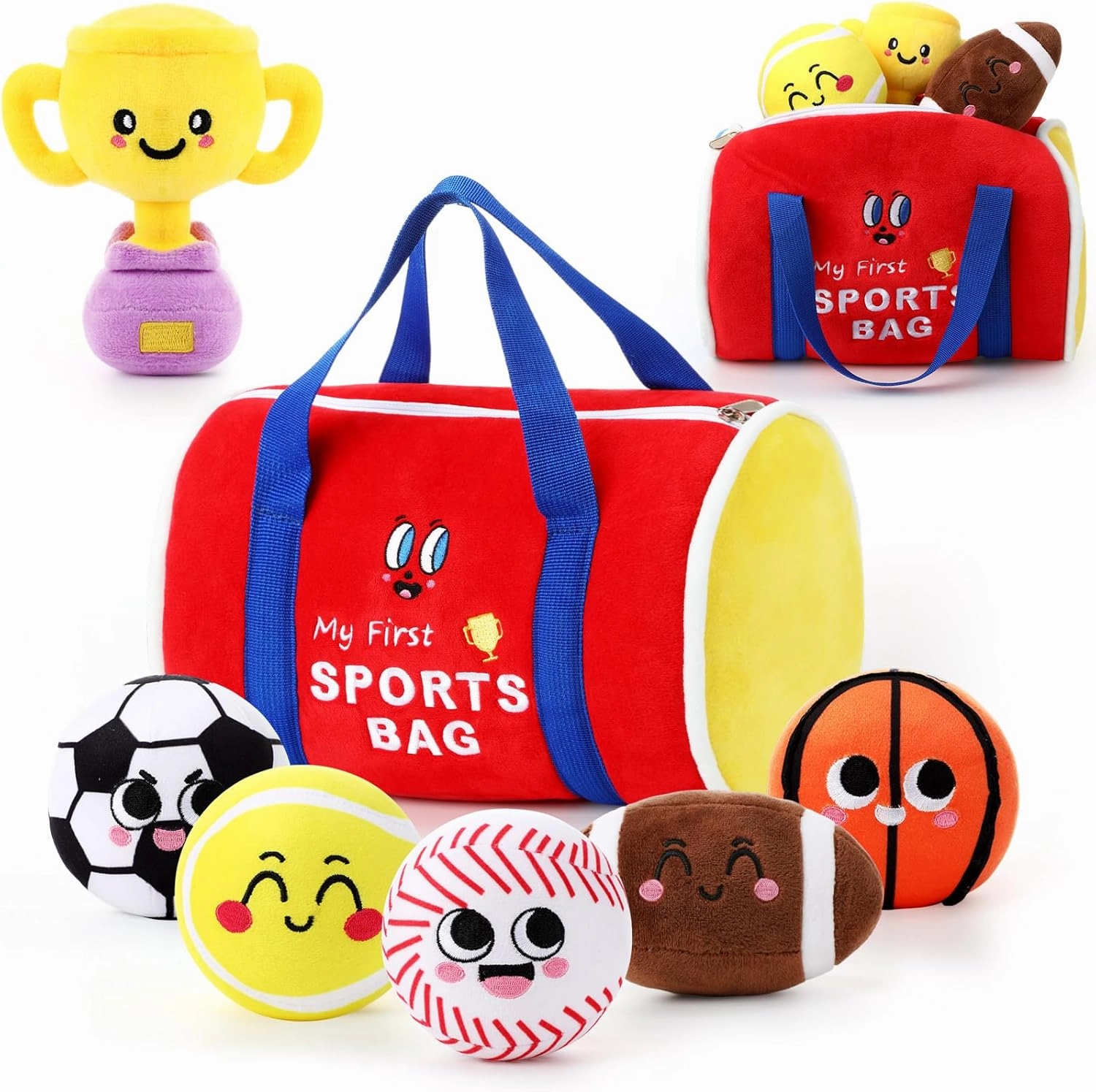 HyDren 7 Pcs My First Sports Bag Stuffed Plush Toys Playset, Bulit-in Bell Baby Sports Balls and Trophy for Toddler 1-3 and Up, Baby Gift Throwing Toys for Boys and Girls Early Education
