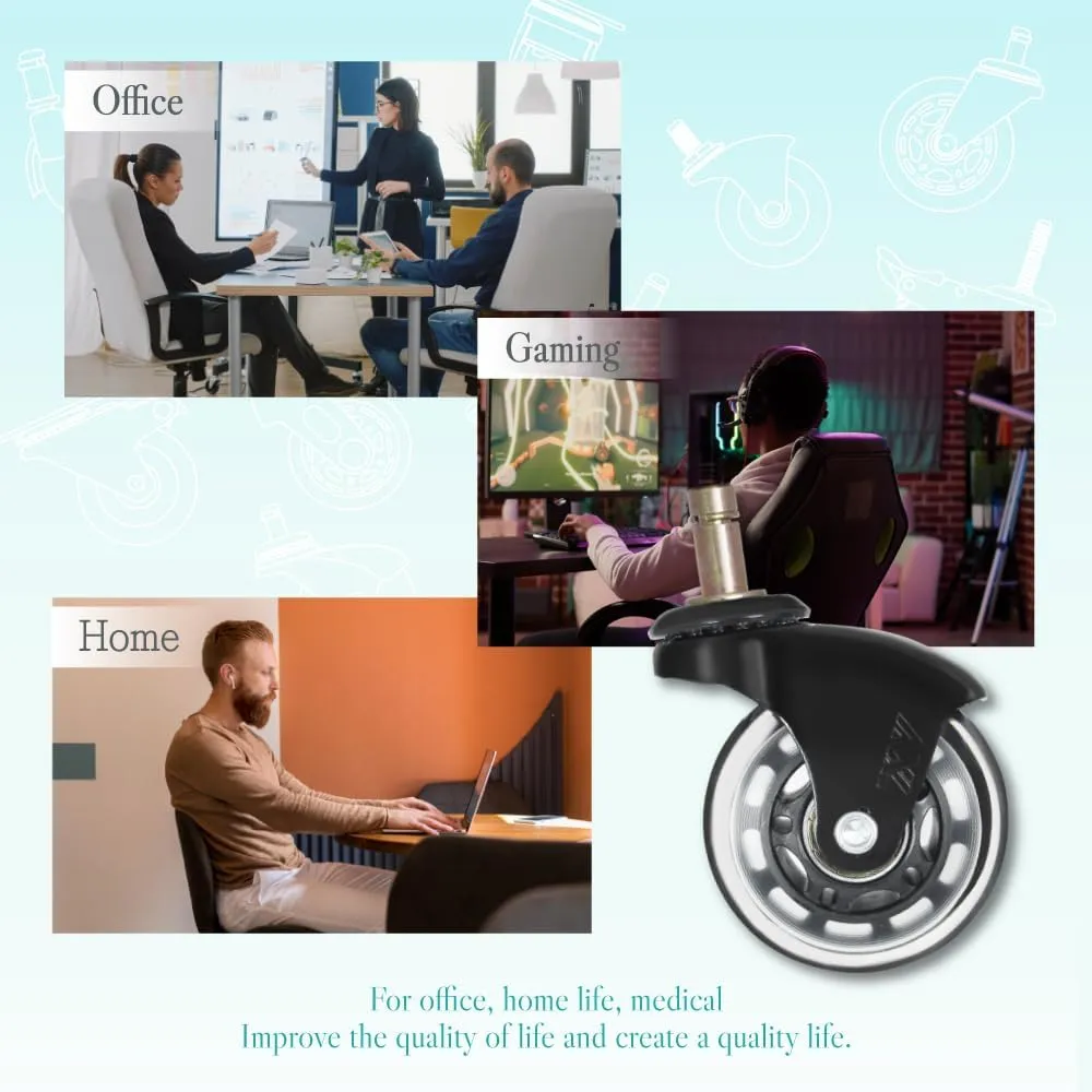 IKEA Office Chair Wheels Replacement for Hardwood Floor and Carpet, 10mm Stem Size, 2.5" Roller Blade Style, Replacement Rubber Chair Casters Set of 5 (Black/Clear)