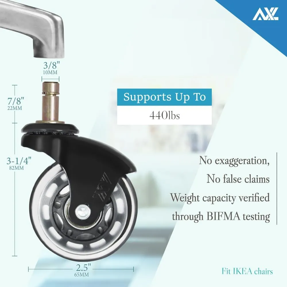 IKEA Office Chair Wheels Replacement for Hardwood Floor and Carpet, 10mm Stem Size, 2.5" Roller Blade Style, Replacement Rubber Chair Casters Set of 5 (Black/Clear)