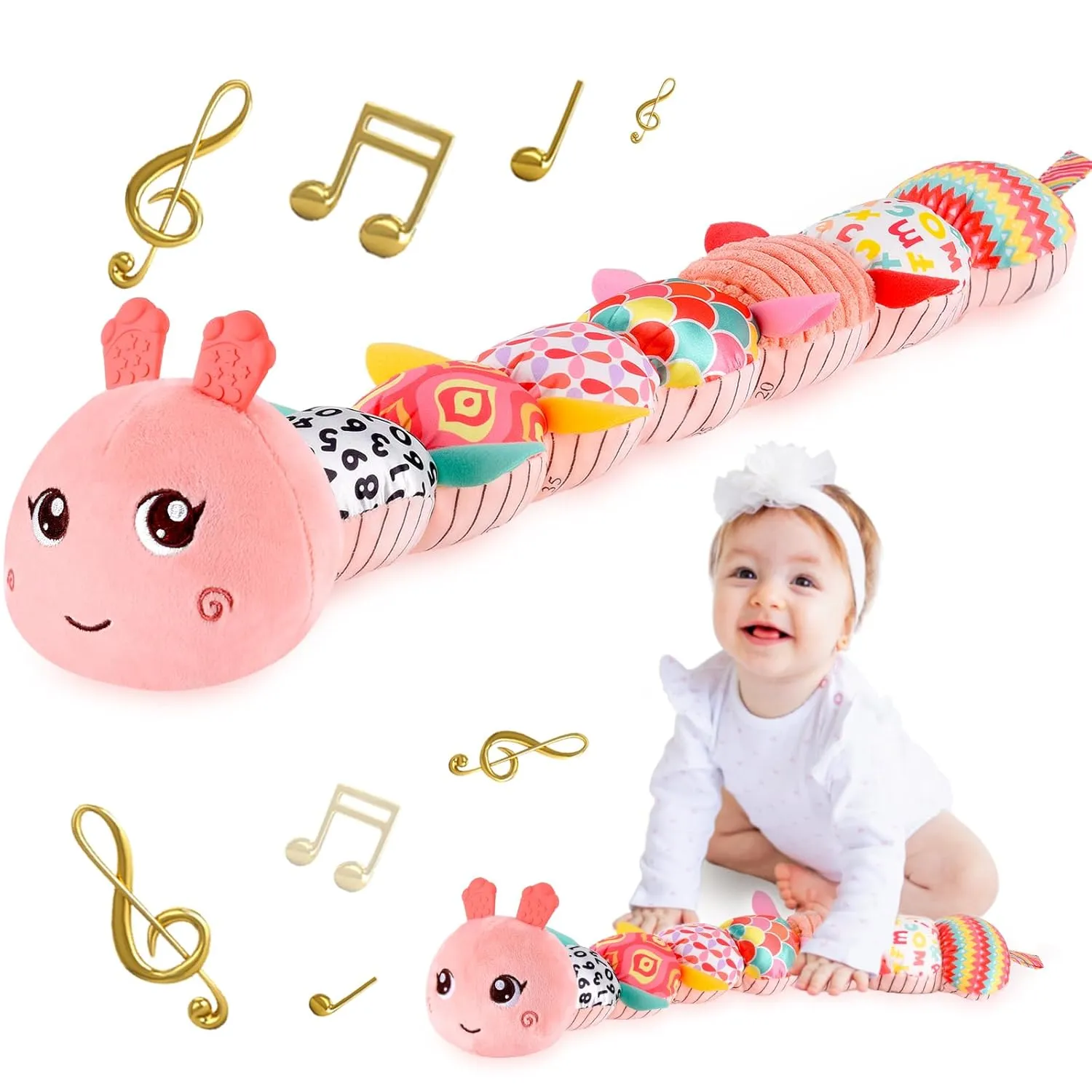 Infant Baby Musical Stuffed Animal Activity Soft Toys with Multi-Sensory Crinkle, Rattle and Textures for 0-3-6-12 Months Developmental Toys, Caterpillar, Pink