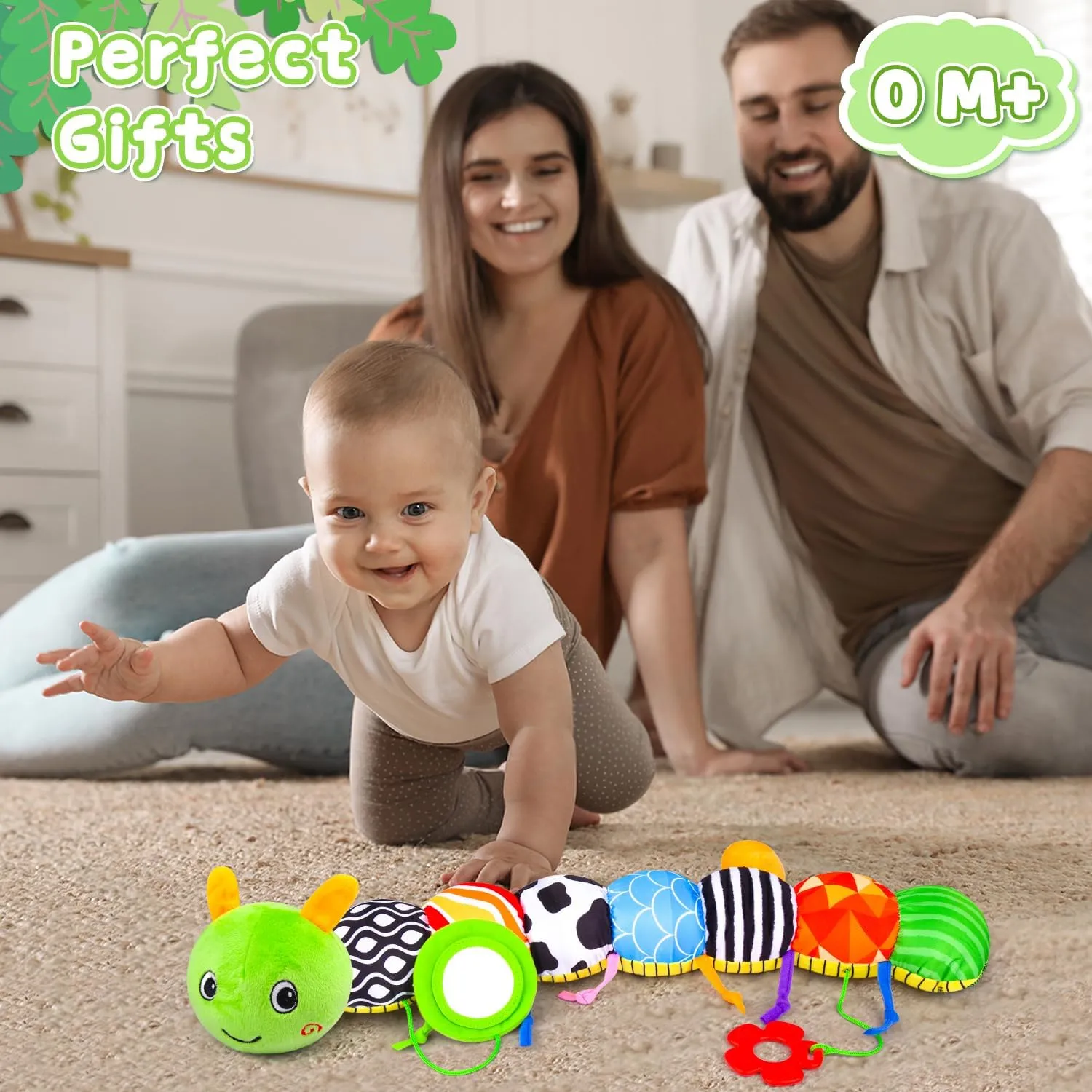 Infant Baby Toys 0-12 Months, Stuffed Animal Tummy Time Toys Sensory with Crinkle, Rattles, Textures, Mirror - Caterpillar Musical (Green)