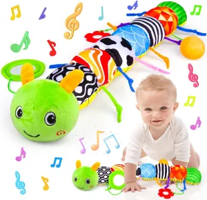 Infant Baby Toys 0-12 Months, Stuffed Animal Tummy Time Toys Sensory with Crinkle, Rattles, Textures, Mirror - Caterpillar Musical (Green)
