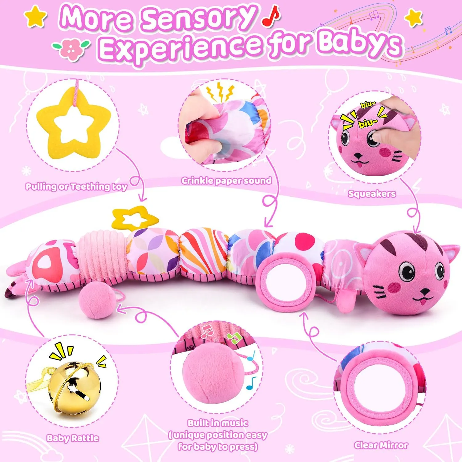 Infant Baby Toys 0 to 12 Months, Stuffed Animal Tummy Time Toys Sensory Toys with Crinkle Rattles Textures and Mirror Gifts for Newborn Boys Girls, Cat Caterpillar Musical Toys (Pink)
