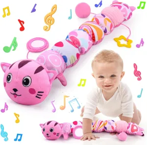 Infant Baby Toys 0 to 12 Months, Stuffed Animal Tummy Time Toys Sensory Toys with Crinkle Rattles Textures and Mirror Gifts for Newborn Boys Girls, Cat Caterpillar Musical Toys (Pink)