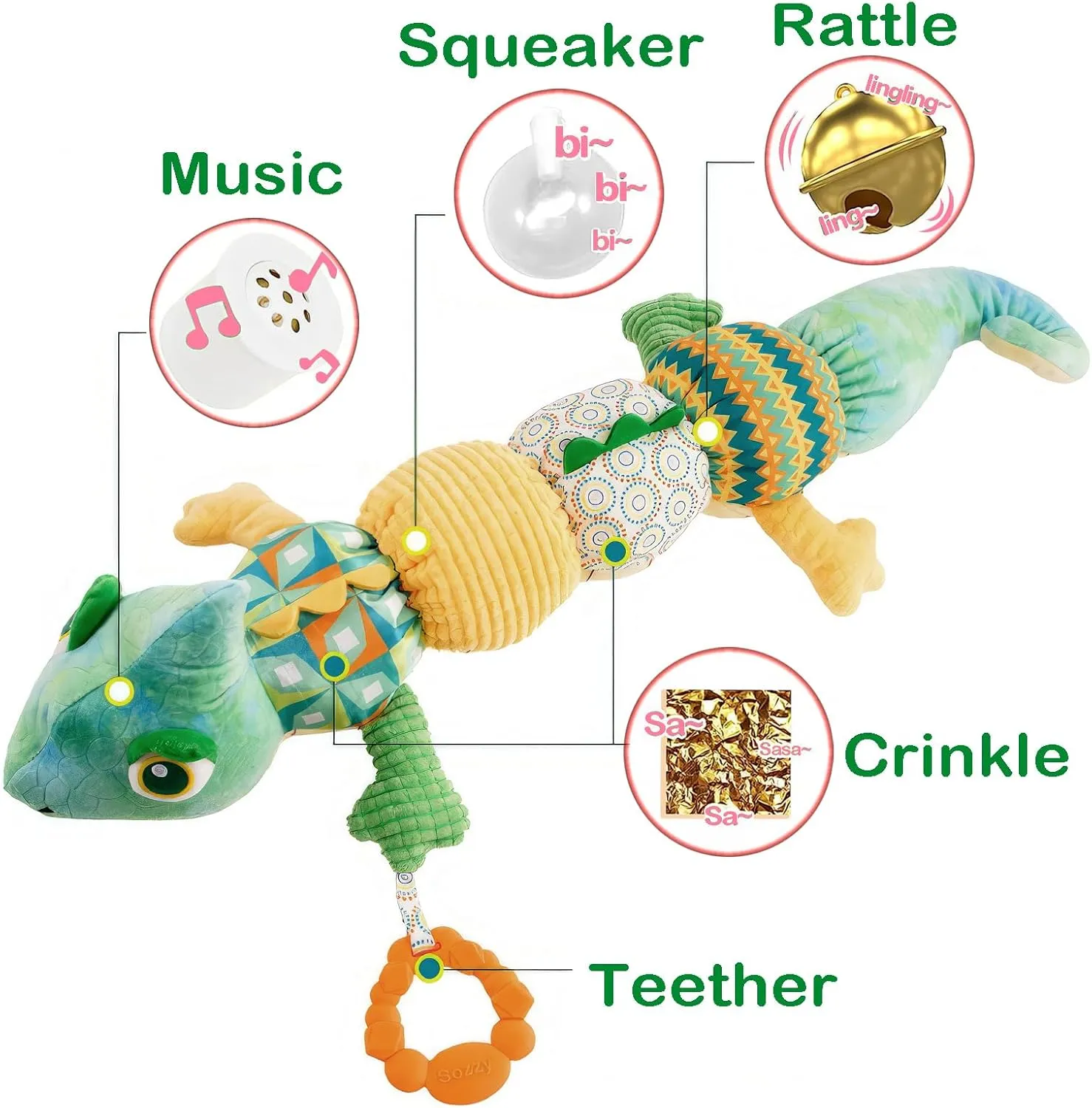 Infant Musical Stuffed Animal Toys, Activity Soft Sensory Toy with Baby Teething Toys, Crinkle Sound and Rattles, Tummy Time for Newborn 0 3 6 12 Months Boys Gift Chameleon(Green)