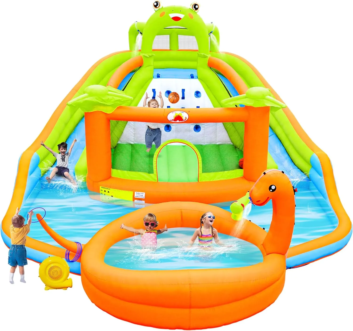 Inflatable Water Double Slides Park with Blower, Bouncy Castle with Water Cannon, Dino Pool, Frog Castle, Climbing Wall, Basketball Hoop, Backyard Water Park for Kids