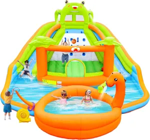 Inflatable Water Double Slides Park with Blower, Bouncy Castle with Water Cannon, Dino Pool, Frog Castle, Climbing Wall, Basketball Hoop, Backyard Water Park for Kids