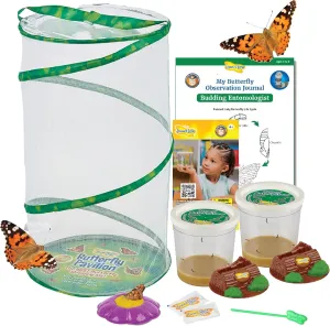 Insect Lore Butterfly Pavilion with Two Live Cups of Caterpillars | 2ft Tall Habitat, STEM Butterfly Journal, 10 Live Baby Caterpillars | Life Science & STEM Education | Painted Lady Butterfly Kit
