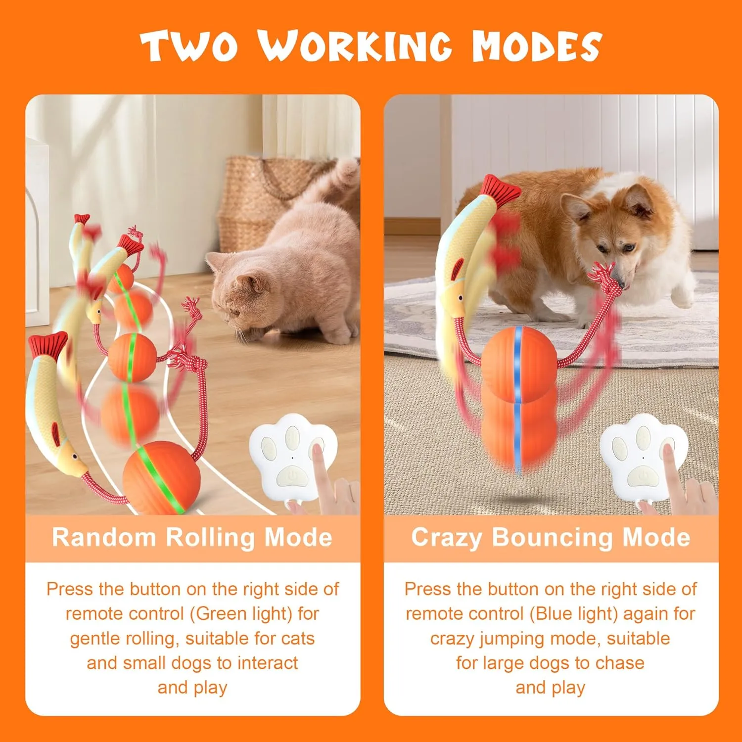 Interactive Dog Ball Moves on Its Own, Remote Control Interactive Toys, Vibrating, Smart Jumping, Automatic Moving, Bouncing Ball for Dogs & Cats, Type-C Rechargeable Rolling Toy for Pets (Fish)