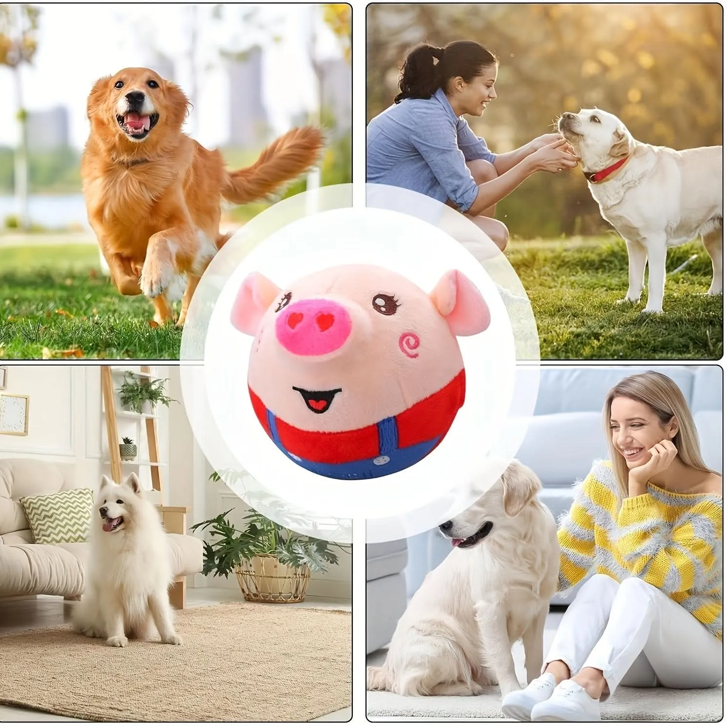 Interactive Plush Pig Dog Toy with Sound – USB Rechargeable Fabric Pet Bouncing Ball