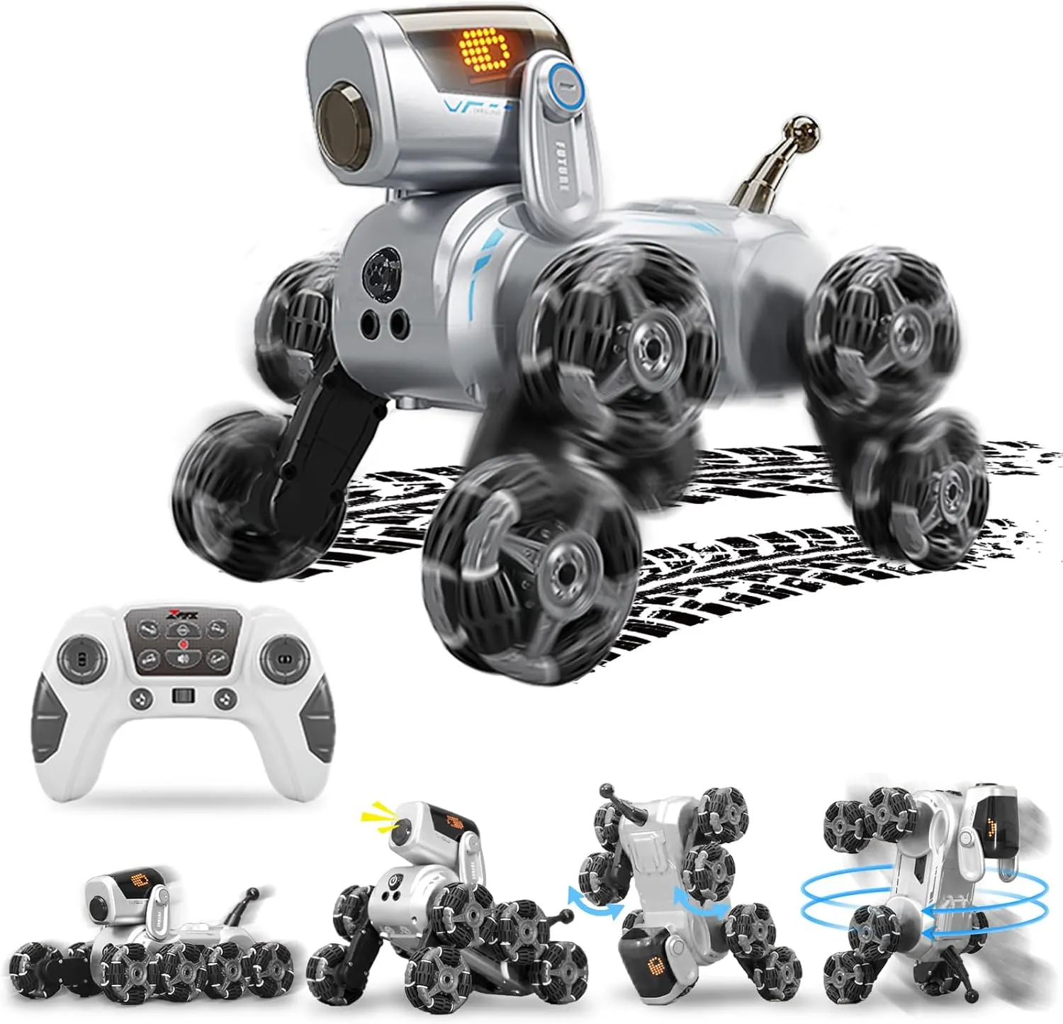 Interactive Robot Dog with Barking Sounds & Music - Smart RC Stunt Toy for Kids Ages 8-13, 8WD 360° Drift, Animated Eye Expressions, Real Dog Actions, 2.4GHz Remote Control Toy (Silver)