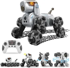 Interactive Robot Dog with Barking Sounds & Music - Smart RC Stunt Toy for Kids Ages 8-13, 8WD 360° Drift, Animated Eye Expressions, Real Dog Actions, 2.4GHz Remote Control Toy (Silver)