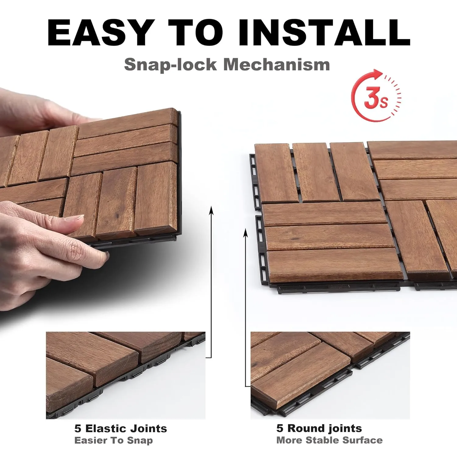 Interlocking Deck Tiles, 10 Pcs 12"x12" Waterproof 12 Slats Acacia Wood Patio Tiles, All-Weather Use Outdoor Flooring Tiles for Porch, Poolside, Balcony, Backyard (Brown)