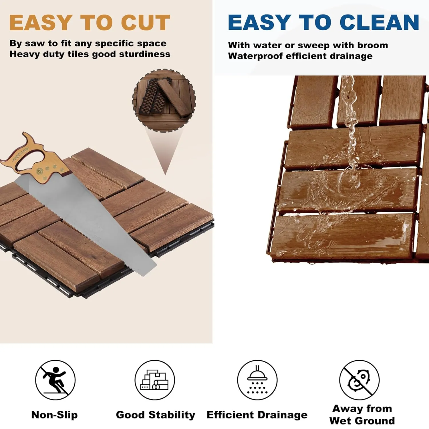 Interlocking Deck Tiles, 10 Pcs 12"x12" Waterproof 12 Slats Acacia Wood Patio Tiles, All-Weather Use Outdoor Flooring Tiles for Porch, Poolside, Balcony, Backyard (Brown)