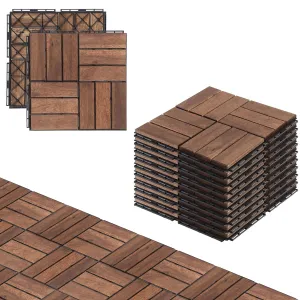 Interlocking Deck Tiles, 10 Pcs 12"x12" Waterproof 12 Slats Acacia Wood Patio Tiles, All-Weather Use Outdoor Flooring Tiles for Porch, Poolside, Balcony, Backyard (Brown)
