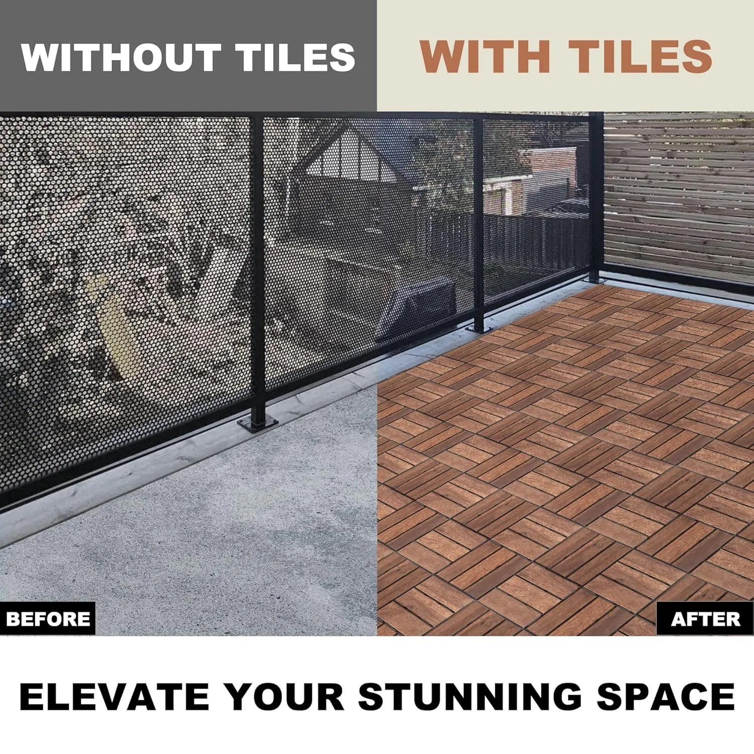 Interlocking Deck Tiles, 10 Pcs 12"x12" Waterproof 12 Slats Acacia Wood Patio Tiles, All-Weather Use Outdoor Flooring Tiles for Porch, Poolside, Balcony, Backyard (Brown)