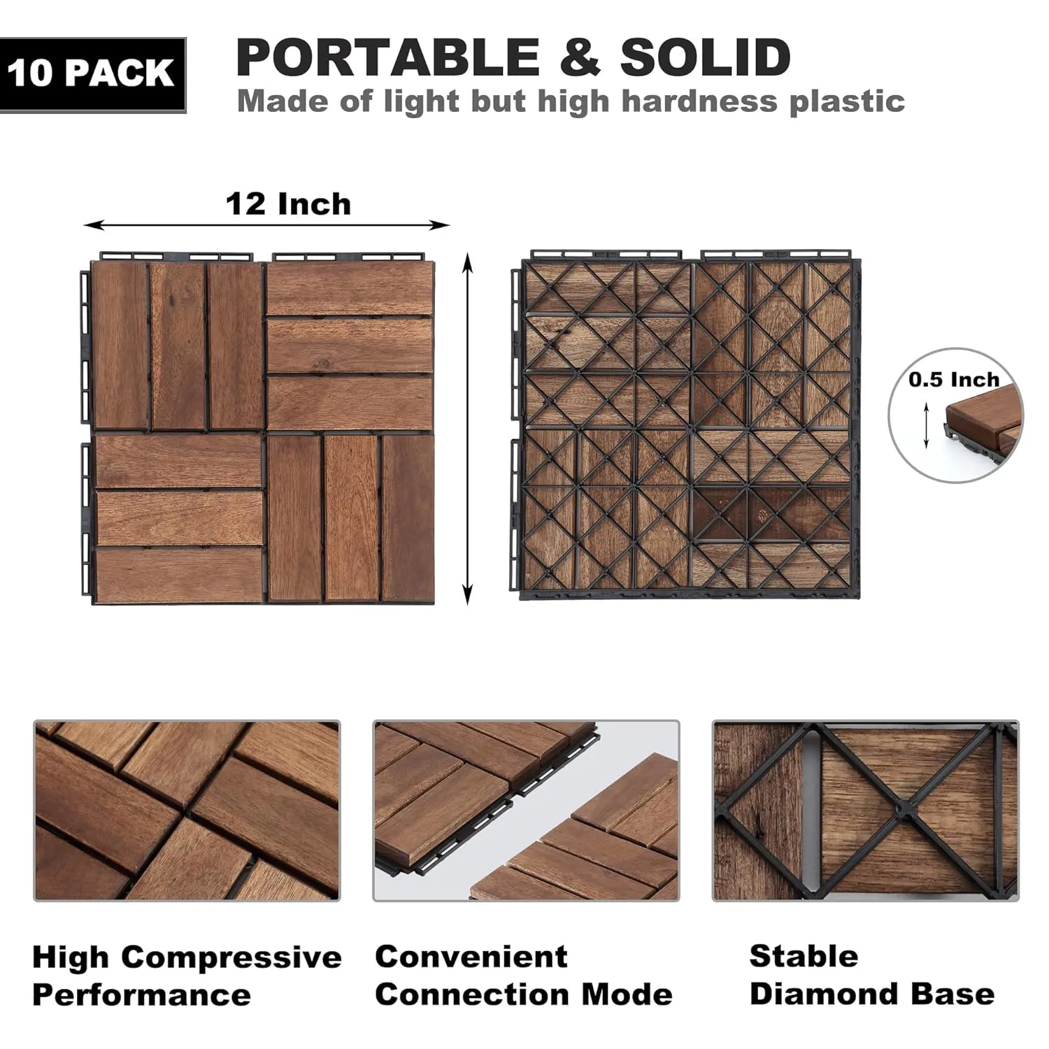 Interlocking Deck Tiles, 10 Pcs 12"x12" Waterproof 12 Slats Acacia Wood Patio Tiles, All-Weather Use Outdoor Flooring Tiles for Porch, Poolside, Balcony, Backyard (Brown)
