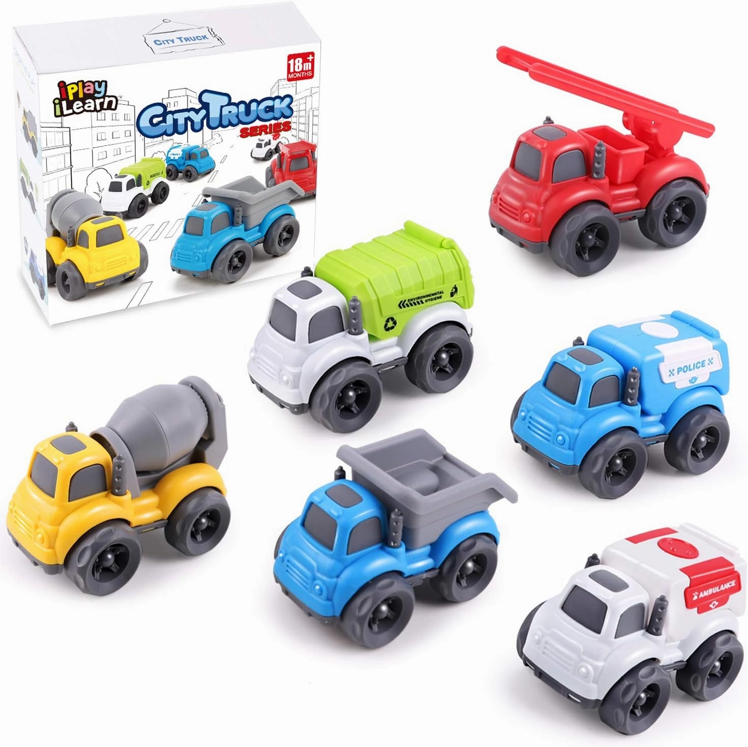 iPlay, iLearn 6PCS Friction Cars Toy for Toddlers 1-3, Small Push Go Construction Truck Kids Age 2-4, Mini Play Vehicle Dump Garbage Fire Truck, Birthday Easter Gifts Cake Topper 12 18 Month Boy Girl