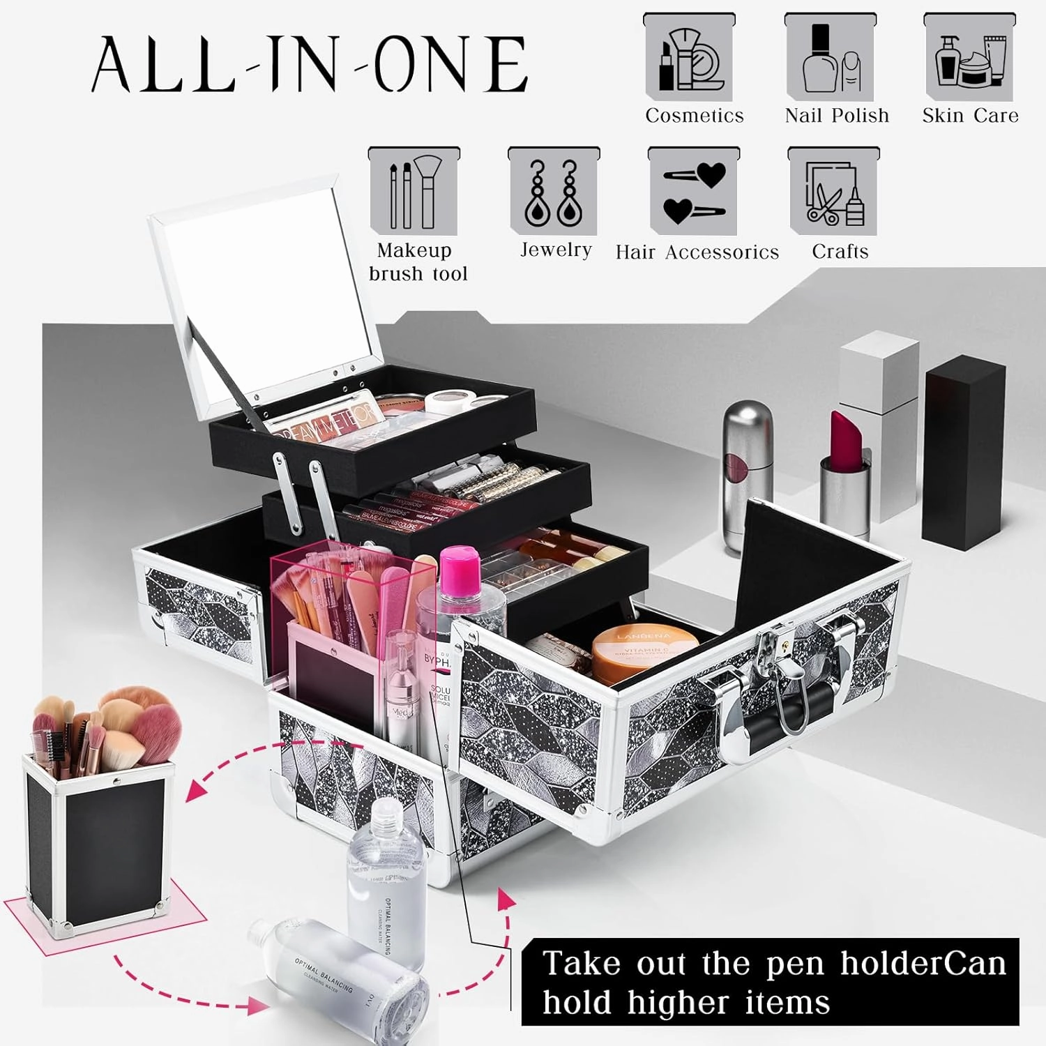Joligrace Makeup Box 10 Inch Cosmetic Train Case for Women Travel Jewelry Organizer with Compartments & Mirror Portable Lockable Make-up Organizer Box - Mosaic Tiles Print