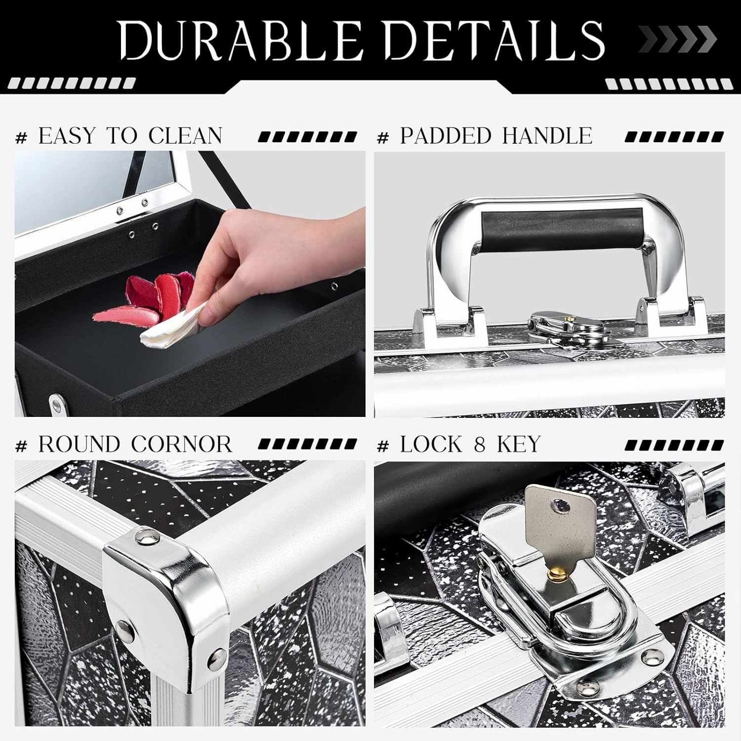 Joligrace Makeup Box 10 Inch Cosmetic Train Case for Women Travel Jewelry Organizer with Compartments & Mirror Portable Lockable Make-up Organizer Box - Mosaic Tiles Print