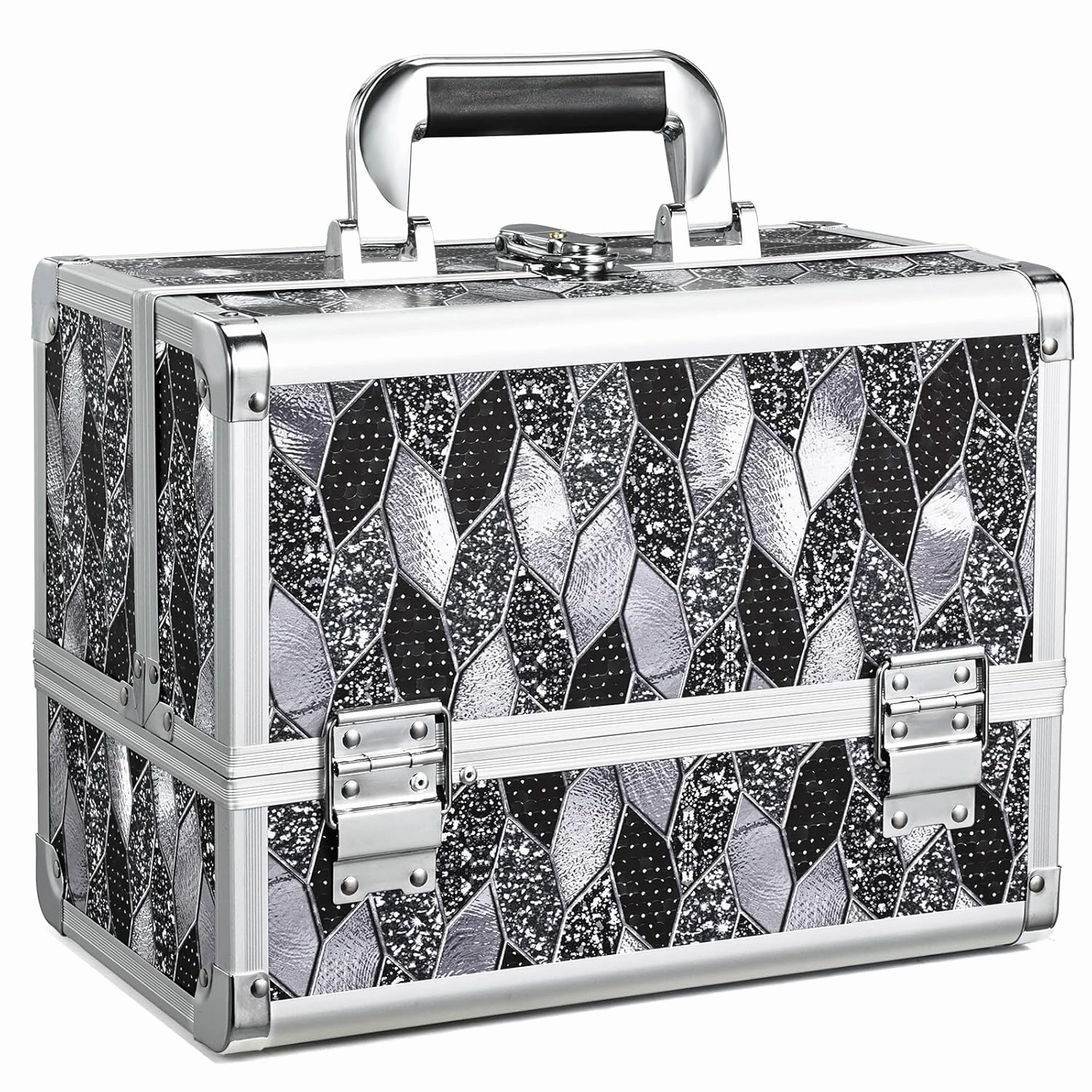Joligrace Makeup Box 10 Inch Cosmetic Train Case for Women Travel Jewelry Organizer with Compartments & Mirror Portable Lockable Make-up Organizer Box - Mosaic Tiles Print