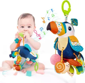 Jollybaby Musical Activity Pull String Hanging Toy for Baby Stroller Car Seat Crib Play Gym, Plush Stuffed Toucan Sensory Toys for Carseat with Music Teether Rattles, Baby Boys and Girls Gift