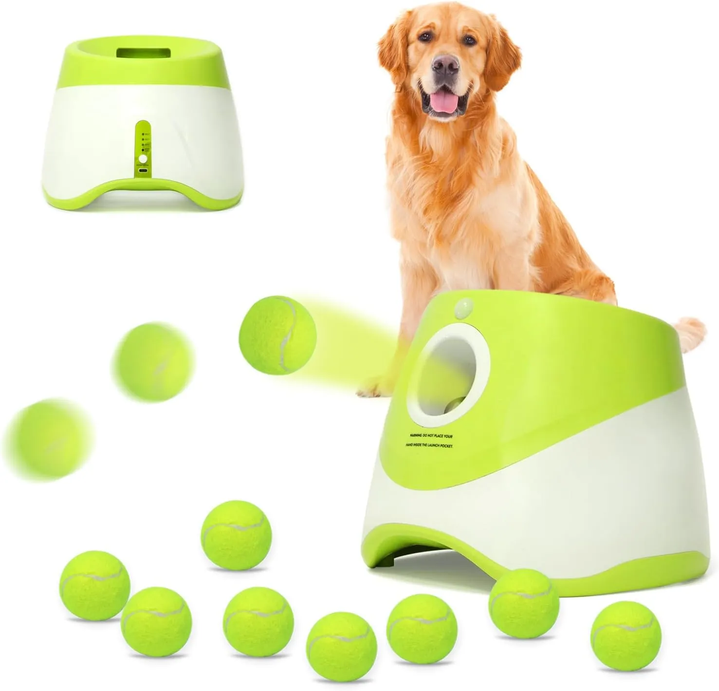 Jovani Automatic Dog Launcher, 10-30ft Fetch Machine for Small Dogs, Indoor/Outdoor, 9 Tennis Balls (2in), Yellow-Green