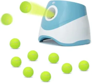 jovani Dog Ball Thrower Launcher for Small and Middle Dogs, Automatic Ball Launcher with 3 Adjustable Distance 10-30ft, Interactive Dog Toys Included 9 Mini Tennis Balls (2"), Blue