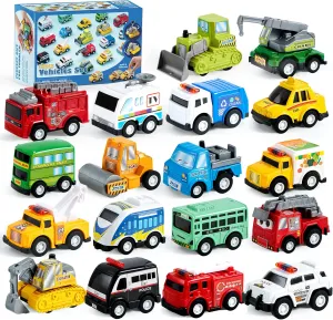 JOYIN 18 Pcs Pull Back City Cars and Trucks Toy Vehicles Set, Friction Powered Cars Toys for Toddlers, Boys, Girls’ Educational Play, Kids Stocking Stuffers, Easter Basket Stuffers
