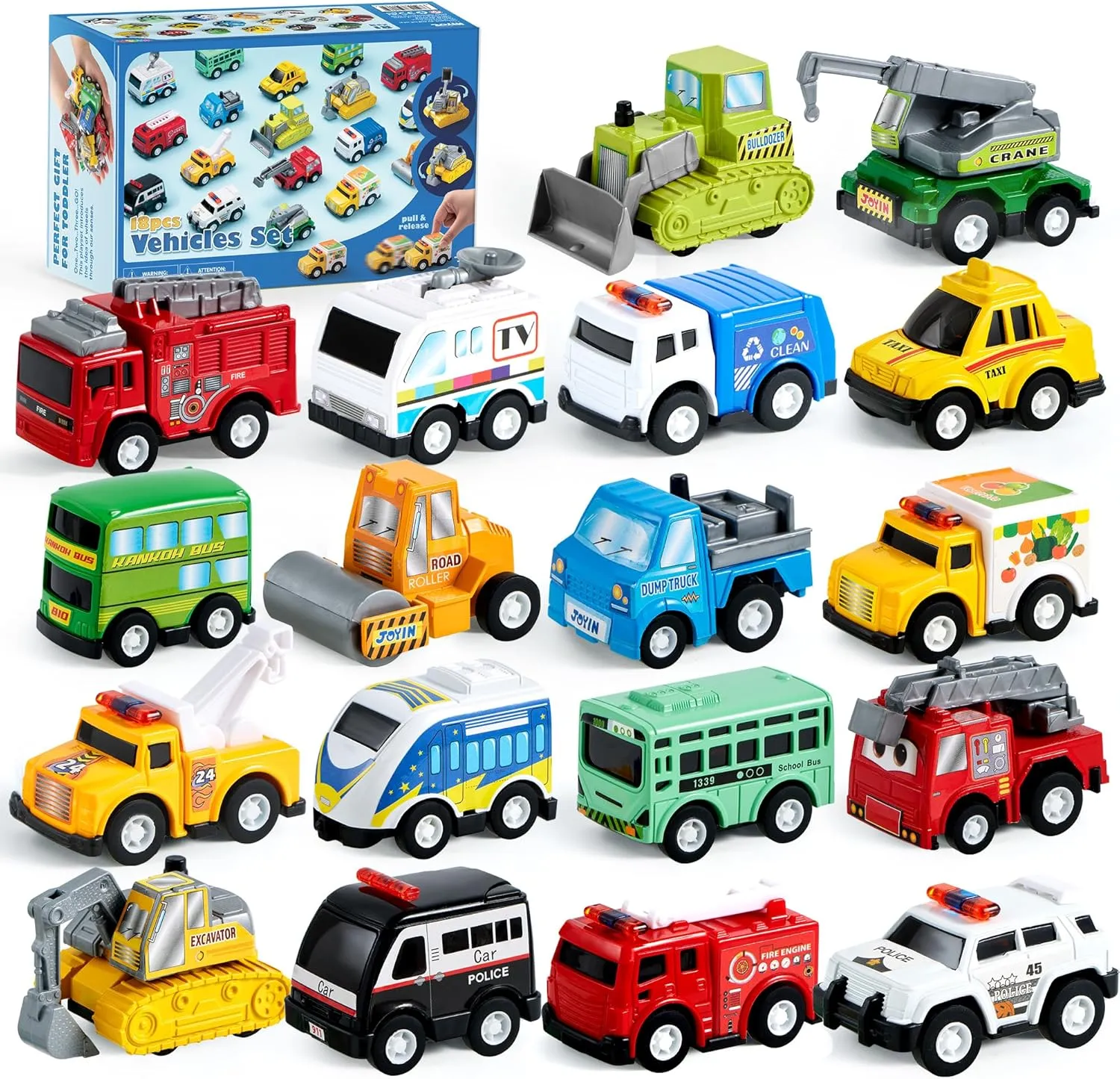 JOYIN 18 Pcs Pull Back City Cars and Trucks Toy Vehicles Set, Friction Powered Cars Toys for Toddlers, Boys, Girls’ Educational Play, Kids Stocking Stuffers, Easter Basket Stuffers