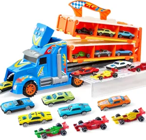 JOYIN Toy Truck for Kids,5-FT Race Track and 12 Die-Cast Metal Toy Cars, Racing Car with Lights & Sounds, Carrier Truck Playset Gift for 3 4 5 Years Old Boys and Girls - Blue